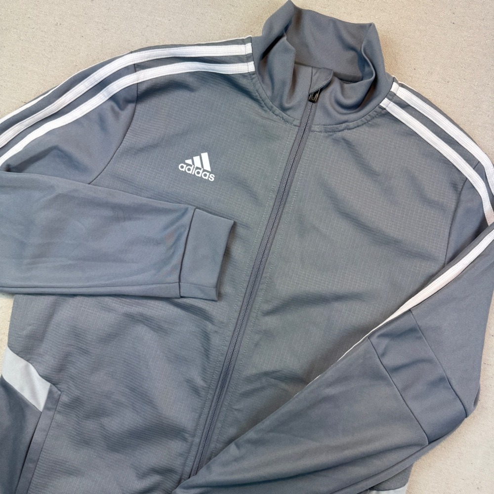 Adidas Large Track Jacket Mens Grey Climalite Full Zip 3-Stripe Athletic